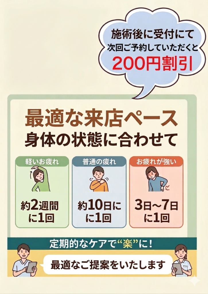 施術後の次回予約で、もっとお得に「疲れ知らず」な毎日へ！